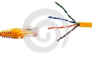 An ethernet wire cable and yellow patch-cord with twisted pair. Isolated