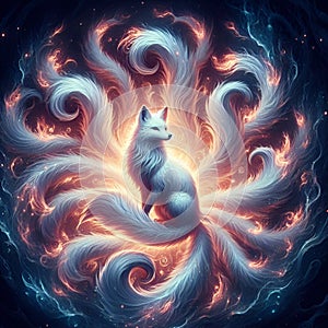 An etherral paintingbof kitsune, surrounded by mystical foxfire, its nine tailes swirlings in an otherwordly dance, legendary fox