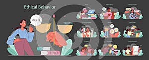 Ethical Behavior set. Balancing truth and rightness, exploring transparency in decisions.