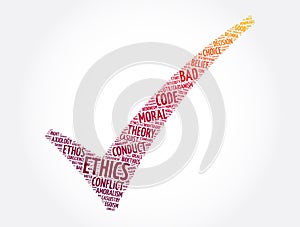 Ethics check mark word cloud collage, concept background