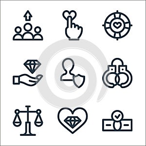 ethics line icons. linear set. quality vector line set such as money, business, justice, police handcuffs, integrity, values,