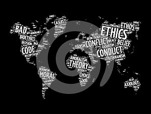 Ethics word cloud in shape of world map, concept background