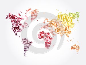 Ethics word cloud in shape of world map, concept background