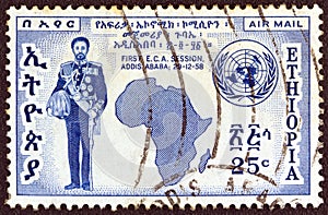 ETHIOPIA - CIRCA 1958 : A stamp printed in Ethiopia shows emperor Haile Selassie, circa 1958.
