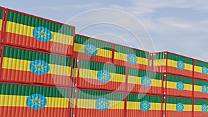 Ethiopia flag containers are located at the container terminal. Concept for Ethiopia import and export 3D