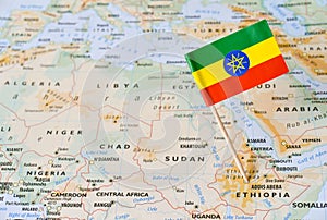 Ethiopia flag pin on map