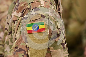 Ethiopia flag on soldiers arm. Ethiopia troops collage