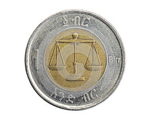 Ethiopia one birr coin on white isolated background
