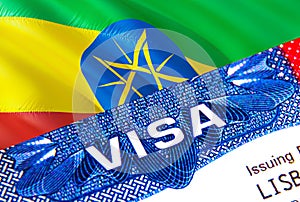 Ethiopia Visa in passport. USA immigration Visa for Ethiopia citizens focusing on word VISA. Travel Ethiopia visa in national