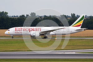 Ethiopian Airlines passenger plane at airport. Schedule flight travel. Aviation and aircraft. Air transport. Global international