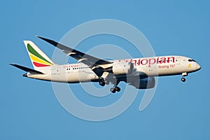 Ethiopian Airlines passenger plane at airport. Schedule flight travel. Aviation and aircraft. Air transport. Global