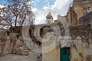 Ethiopian Coptic`s huts on the roof of The Church of the Holy Sepulchre in Jerusalem