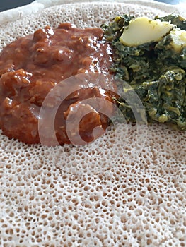 Ethiopian and Eritrean food, assortment of main dishes.