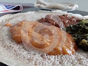 Ethiopian and Eritrean food, assortment of main dishes.