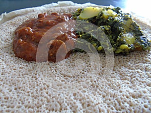 Ethiopian and Eritrean food, assortment of main dishes.