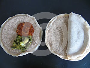 Ethiopian and Eritrean food, assortment of main dishes.