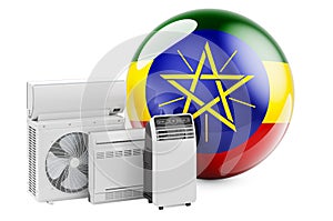 Ethiopian flag with cooling and climate electric devices. Manufacturing, trading and service of air conditioners in Ethiopia, 3D
