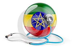 Ethiopian flag with stethoscope. Health care in Ethiopia concept, 3D rendering