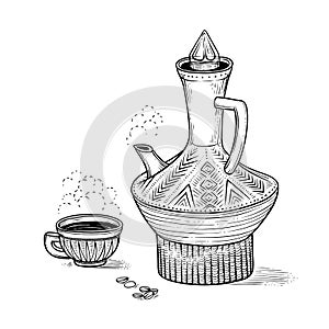 Ethiopian vintage coffeepot and figured cup with a hot drink and a flavored vapor, coffee beans. Vector sketch drawing