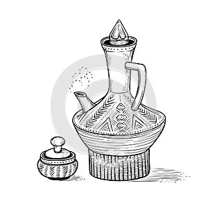 Ethiopian vintage coffeepot with a hot drink and figured pottery folk cup. National coffee ware. Vector sketch drawing