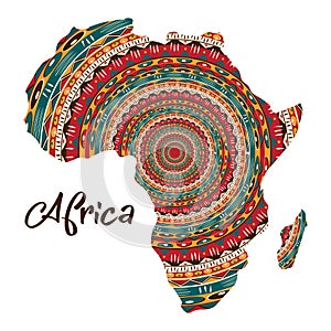 Ethnic Africa map of the continent and the mainland. African Mandala. Textured vector map of Africa. Hand drawn ethno pattern