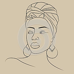 Ethnic african woman portrait line drawing beige poster. photo