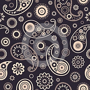 Ethnic Arab paisley seamless pattern with folk buta motif. Backdrop with traditional floral mehndi elements on black