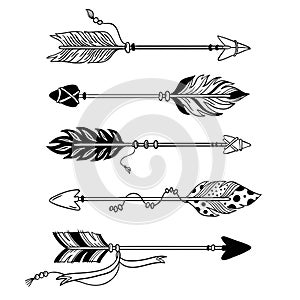 Ethnic arrows. Hand drawn feather arrow, tribal feathers on pointer and decorative boho bow isolated vector set