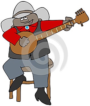 Ethnic banjo picker sitting on a stool