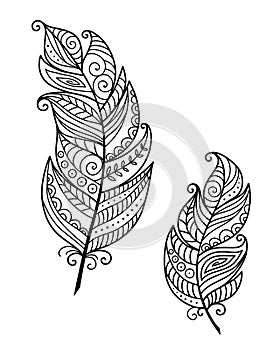 Ethnic bird feathers in boho style. Black and white inc vector hand drawn, tribal gipsy concept. Doodles illustration.