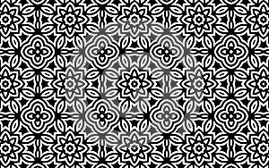 Ethnic black white texture in doodling style. Geometric beautiful indian flower pattern background.