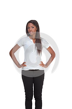 Ethnic black young woman in jeans white t-shirt