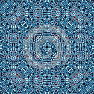Ethnic blue rug pattern. Tribal art boho print, abstract ornament. Background texture, tile, patchwork