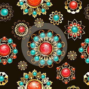 Ethnic brooches seamless pattern on brown background