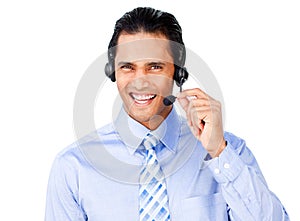 Ethnic businessman with headset on