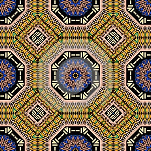 Ethnic colorful mandalas vector seamless pattern. Tribal geometric background. Repeat decorative ornamental backdrop. Symmetrical