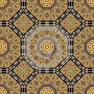 Ethnic colorful mandalas vector seamless pattern. Tribal geometric background. Repeat decorative ornamental backdrop. Symmetrical