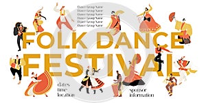 Ethnic and cultural diversity. Folk dance festival banner template with collection of people in traditional costumes from