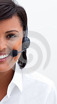 Ethnic customer service agent with headset on