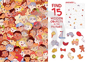 Ethnic diversity of children`s faces. Find 15 hidden objects photo