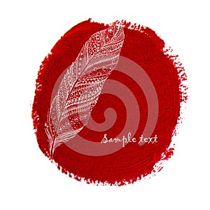 Ethnic doodle feather on a watercolor circle