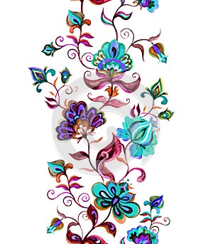 Ethnic eastern european floral frame - seamless border with stylized flowers. Watercolor