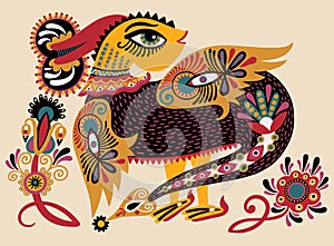 Ethnic fantastic animal doodle design in karakoko style, unusual