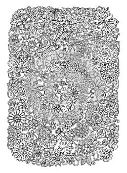 Ethnic floral zentangle, doodle background pattern circle in vector. Flowers, dragonfly and butterfly design tribal design.