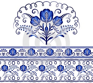 Ethnic folk art Seamless pattern with flowers, traditional floral frame or border design. Decorative pattern of flowers in the