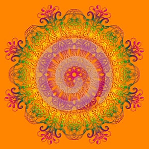 Ethnic gradient mandala on orange background