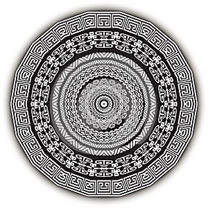 Ethnic greek mandala vector pattern. Ornamental black and white background. Repeat tribal backdrop. Geometric elegant fractal