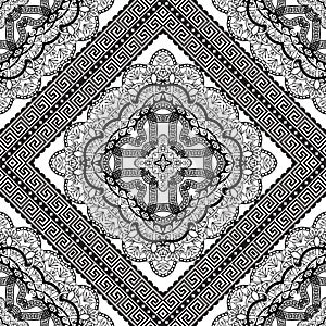 Ethnic greek seamless pattern. Vector black and white vintage background. Repeat isolated design on white. Modern floral