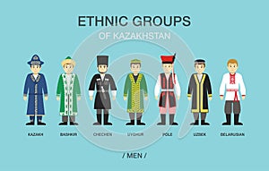 Ethnic groups of Kazakhstan. People in traditional costumes.