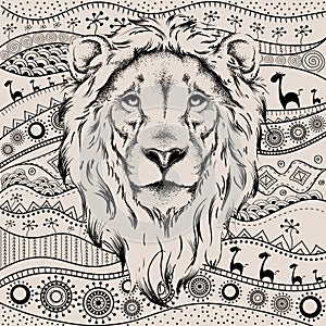 Ethnic hand drawing head of lion on African hand-drawn ethno pattern. totem / tattoo design. Use for print, posters, t-shirts. Ve